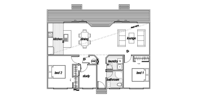 Prefab home floorplan for a 2 bedroom home