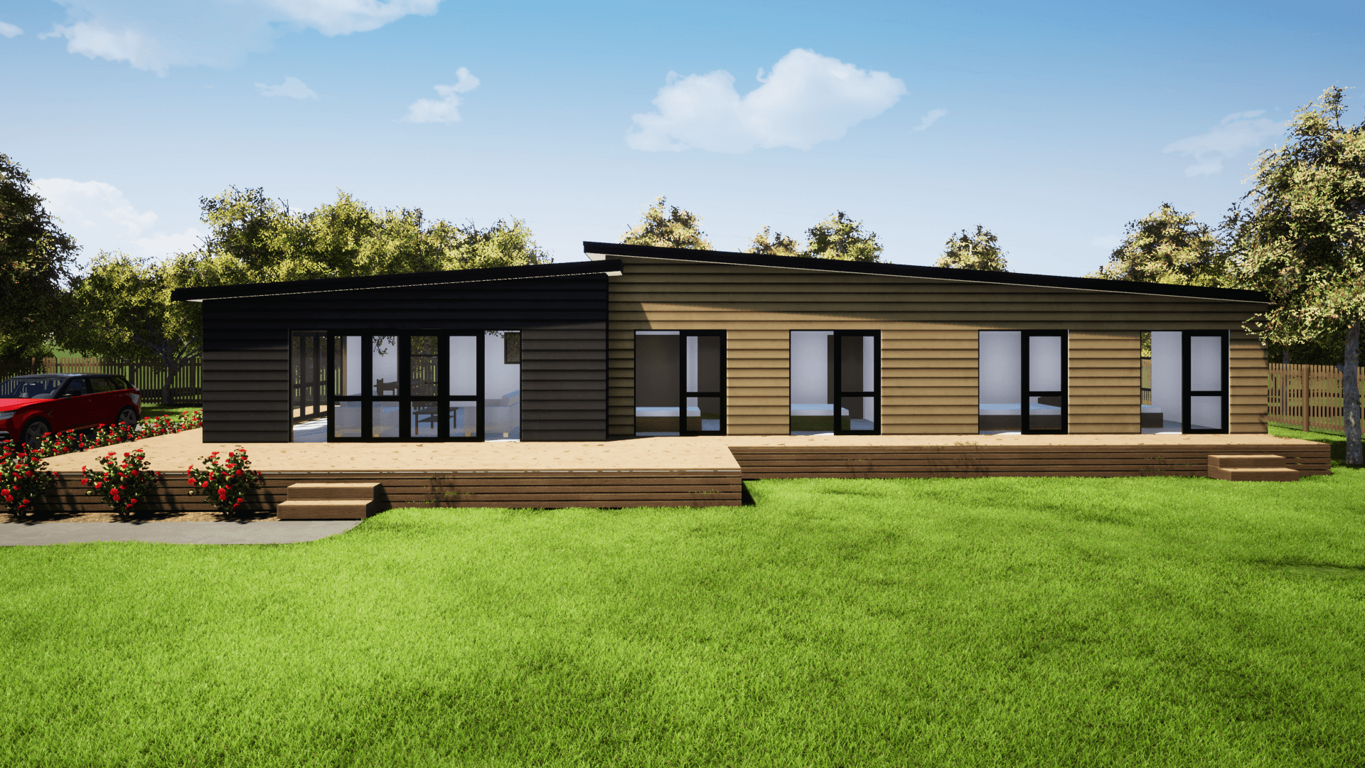 4 bedroom prefab home with large deck area